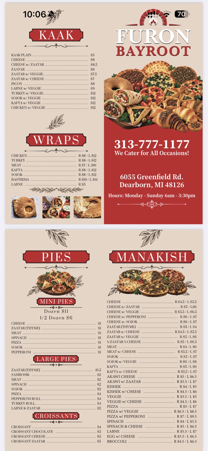 Furon Bayroot menu with kaak, wraps, pies, croissants and manakish